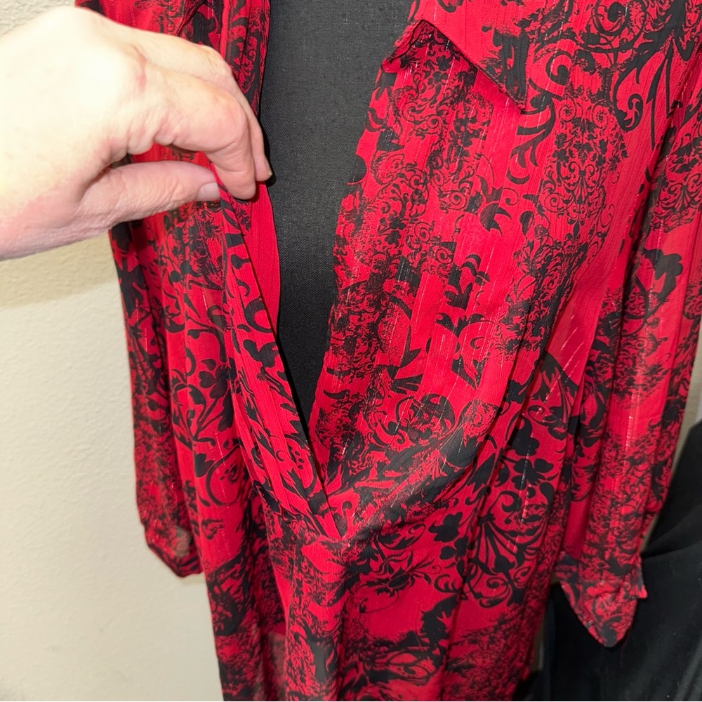 Catherines Red Black Sheer Tunic Blouse 1X Plus Size Gothic Boho - Picture 2 of 8
